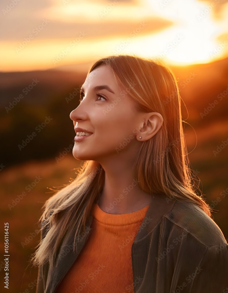 Young woman looking up at the sky at sunset Young woman looking up at the sky at sunset