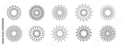 Vector fireworks set illustration for celebrations. Bright explosions and sparkles, perfect for Christmas, New Year, and festive events. Firecracker icon collection.