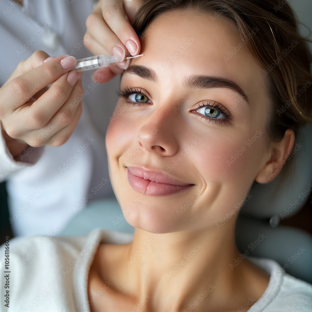 Close-up of a young Caucasian woman being injected with a thick needle. A beautiful lady receiving an anti-aging treatment. The person performing the injections wears thick white gloves, woman Close-up of a young Caucasian woman being injected with a thick needle. A beautiful lady receiving an anti-aging treatment. The person performing the injections wears thick white gloves, woman