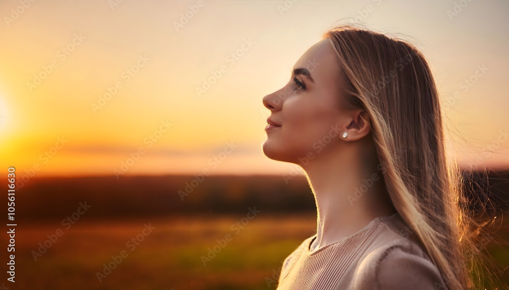 Young woman looking up at the sky at sunset Young woman looking up at the sky at sunset