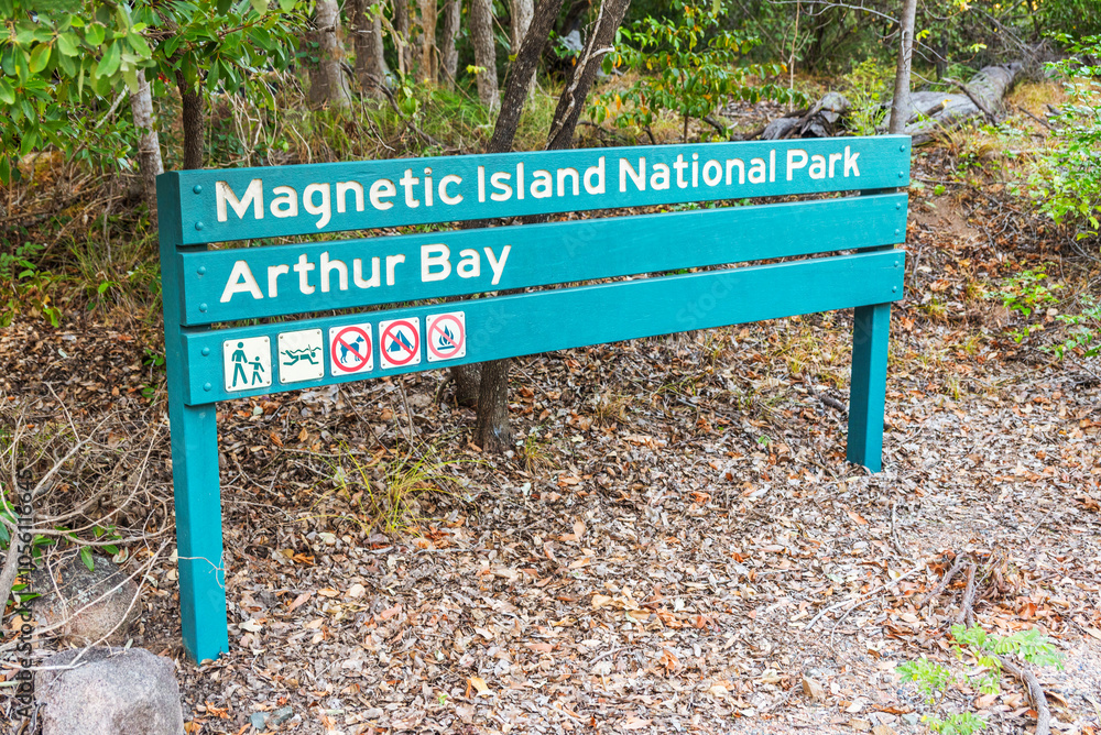 Wooden sign to National Park on Magnetic Island, Queensland, Australia