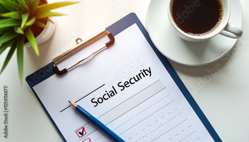 Clipboard with Social Security form and pen next to coffee cup and plant on desk photo