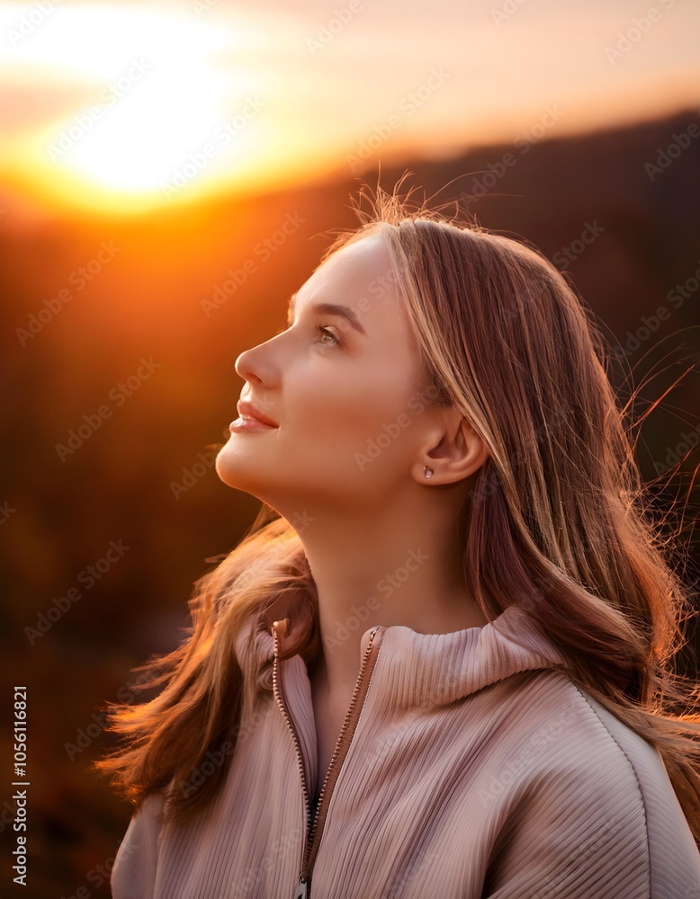 Young woman looking up at the sky at sunset Young woman looking up at the sky at sunset