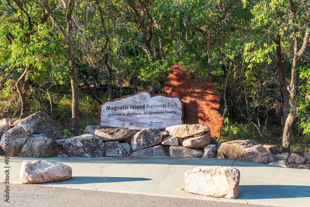 Entrance sign to National Park on Magnetic Island, Queensland, Australia