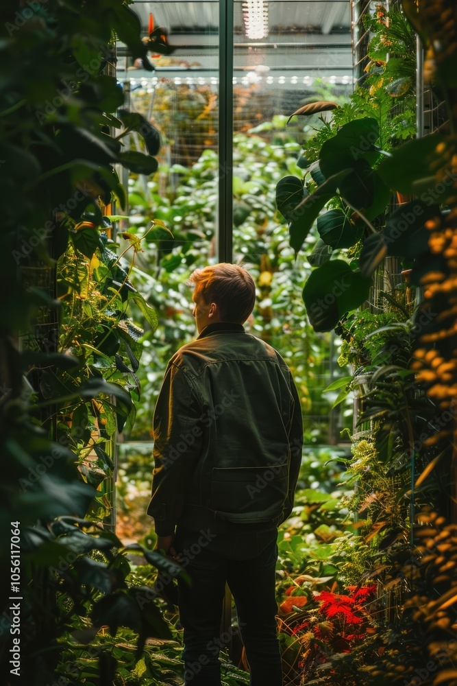 Vegetable Grower Tending to Plants in a Large Greenhouse Vegetable Grower Tending to Plants in a Large Greenhouse