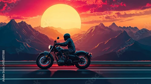 A motorcycle rider enjoys a scenic ride through the mountains at sunset