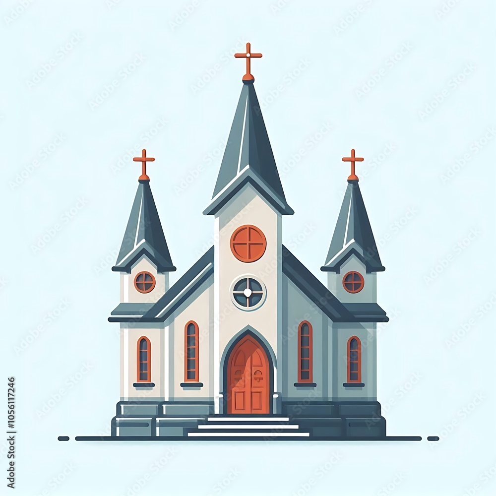 Obraz premium Flat, isolated illustration of a traditional church with a tall steeple and cross on top. Simple design with clean lines and neutral colors, ideal for religious or architectural themes.