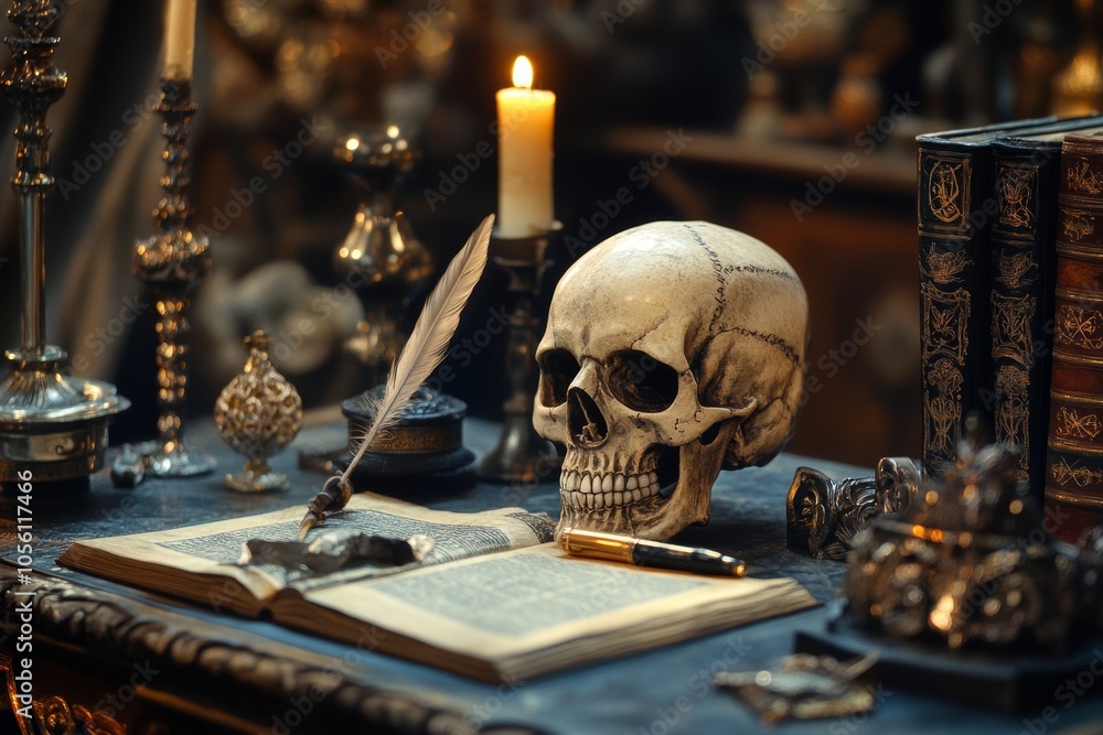 A mysterious skull with ink and quill amidst enchanted artifacts on a weathered desk A mysterious skull with ink and quill amidst enchanted artifacts on a weathered desk