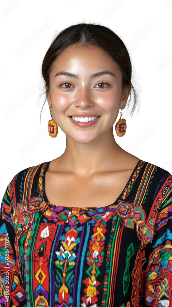 A smiling young woman wearing a colorful embroidered dress, isolated on a transparent background. Perfect for cultural fashion and lifestyle themes. A smiling young woman wearing a colorful embroidered dress, isolated on a transparent background. Perfect for cultural fashion and lifestyle themes.