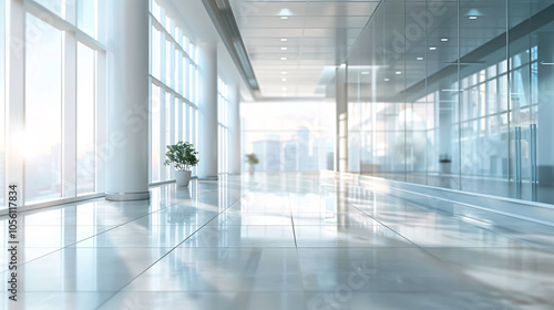 Wallpaper Mural Blurred for background: Office building interior, empty hall in the modern office building. Empty open space office. Panoramic windows and beautiful lighting. Torontodigital.ca
