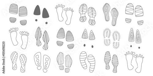 Stepping barefoot human feet traces and footprints with female or male sole of shoe doodle set