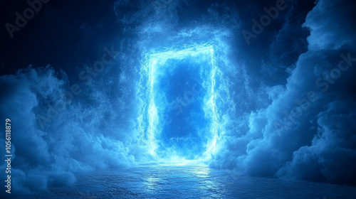 glowing portal suspended in a futuristic setting. The portal radiates blue and purple hues, suggesting a doorway to another dimension filled with mystery photo