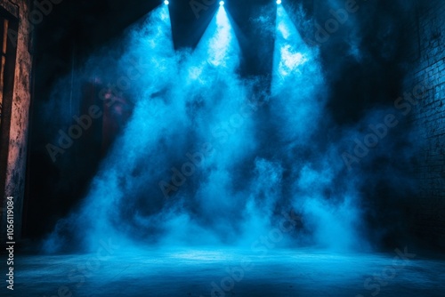 Wallpaper Mural Empty stage surrounded by blue smoke and illuminated by piercing light beams in dark atmosphere Torontodigital.ca