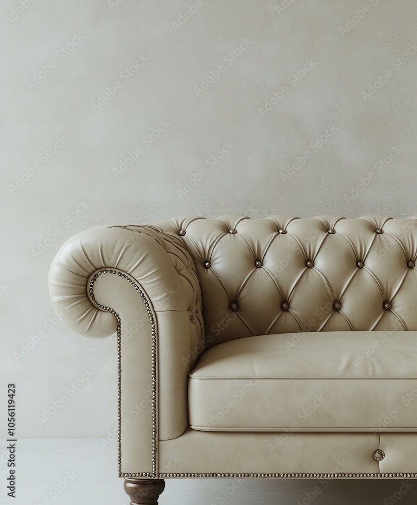 Obraz premium A vintage beige leather sofa with tufted design against a neutral backdrop