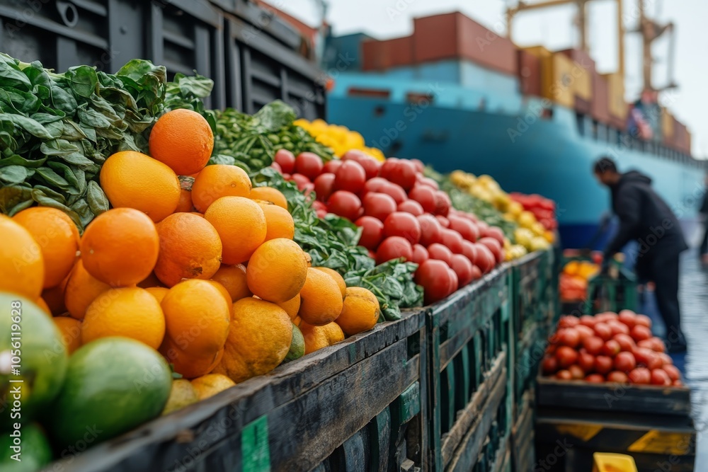 Fresh produce and cargo ship representing global food distribution and international trade dynamics Fresh produce and cargo ship representing global food distribution and international trade dynamics