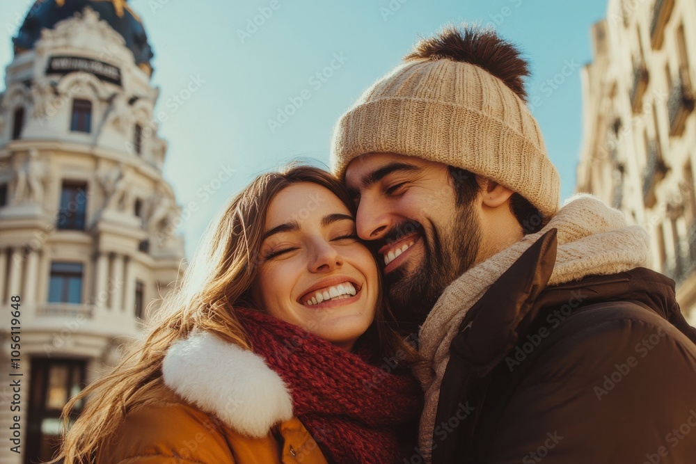 A joyful couple dressed warmly, smiling and embracing on a sunny winter day in a city, conveying warmth and love. A joyful couple dressed warmly, smiling and embracing on a sunny winter day in a city, conveying warmth and love.