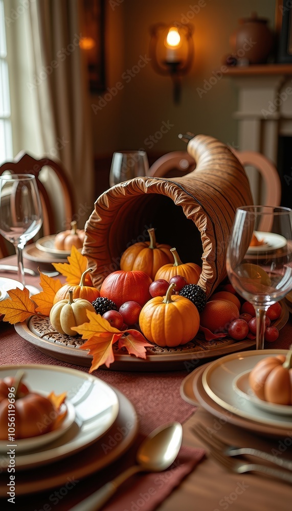 Obraz premium Thanksgiving feast table with a cornucopia centerpiece autumnal fruits and golden leaves celebrating the harvest season.