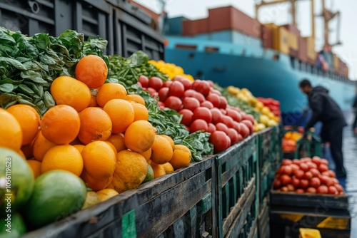 Fresh produce and cargo ship representing global food distribution and international trade dynamics