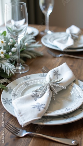 Winter holiday table setting with snowflake-patterned napkins silver accents and frosty decor for a magical holiday meal.