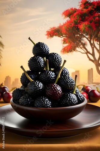 Delicious fresh Indian Blackberry Jamun on a black woodplate photo