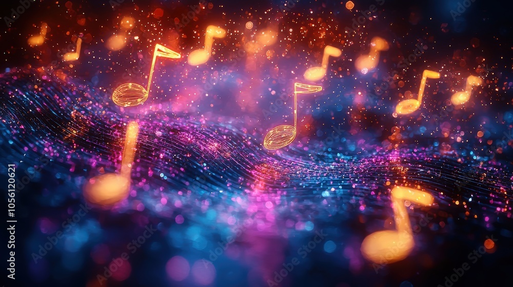 Musical notes sparkle and dance on a vibrant, colorful background