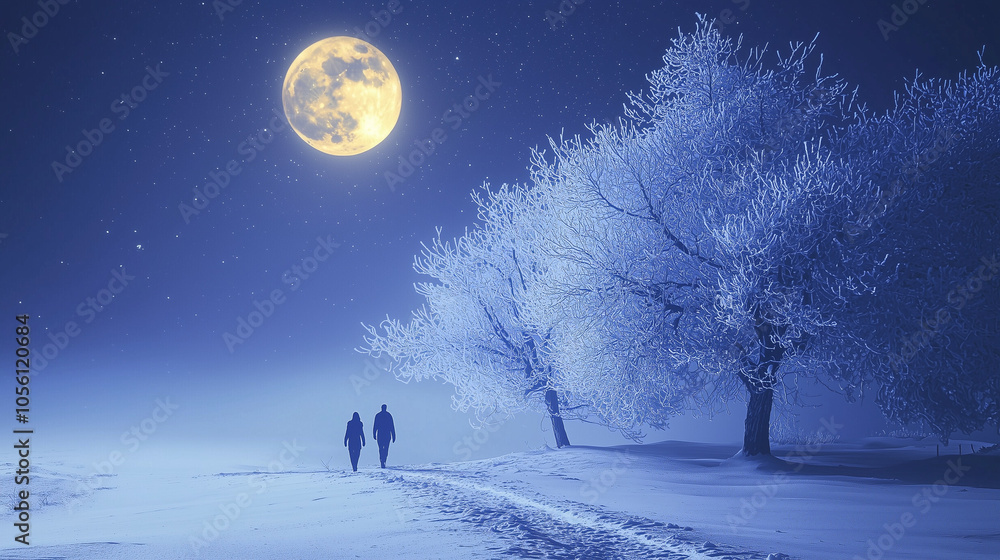 Two people walk in a snowy field under a large full moon and frosty trees, creating a serene winter night scene Two people walk in a snowy field under a large full moon and frosty trees, creating a serene winter night scene