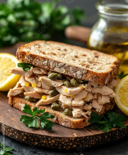 Delicious chicken sandwich with capers and lemon on whole grain bread photo