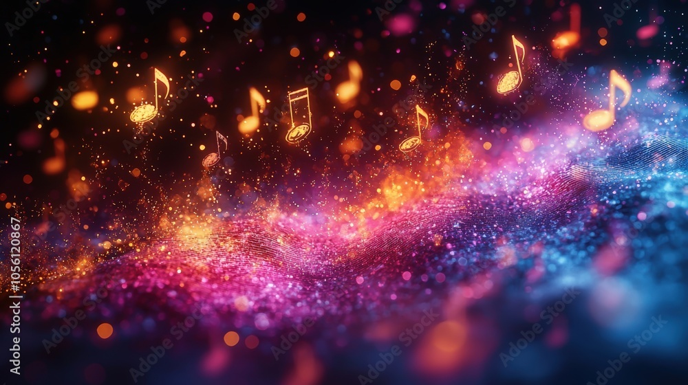 Colorful musical notes floating above a vibrant swirling background of stars and light Colorful musical notes floating above a vibrant swirling background of stars and light