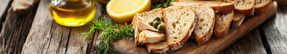 Sliced rustic bread topped with tuna and capers on a wooden board Sliced rustic bread topped with tuna and capers on a wooden board