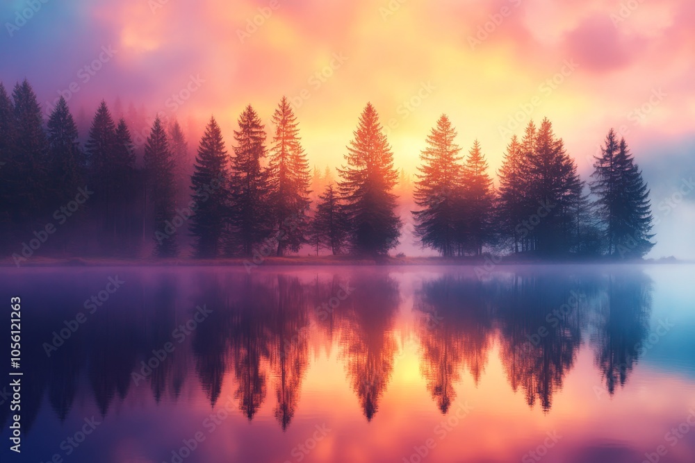 Stunning landscape of a foggy lake with vibrant sky and reflective pine trees at dusk Stunning landscape of a foggy lake with vibrant sky and reflective pine trees at dusk