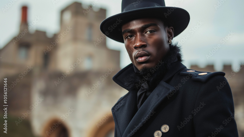 Black man in coat and hat before an old castle. Black man in coat and hat before an old castle.