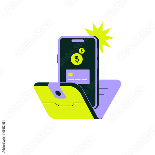 Mobile Wallet With Payment Icons In Flat Vector Illustration Symbolizing Online Banking, Finance, And Digital Wallet, Isolated On White Background.