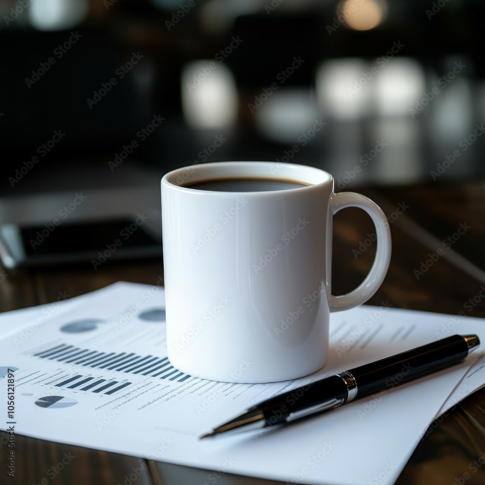 Coffee mug and pen on financial report in a modern workspace Coffee mug and pen on financial report in a modern workspace
