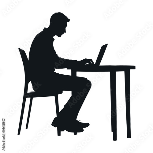 a man browsing laptop sitting on the chair in front of table, vector silhouette
