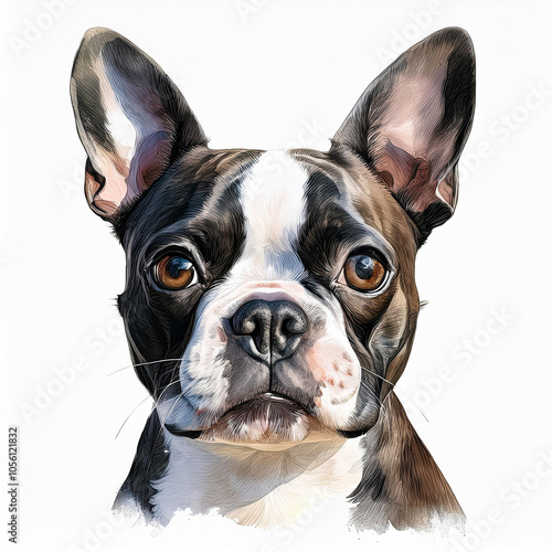 Watercolor illustration of pure breed Boston Terrier dog. Painting of domestic animal. Cute pet. photo