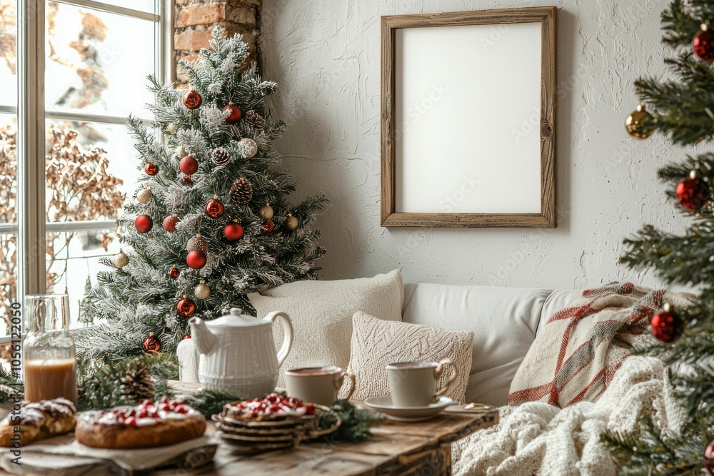 Fototapeta premium white empty frame cristmas decorations