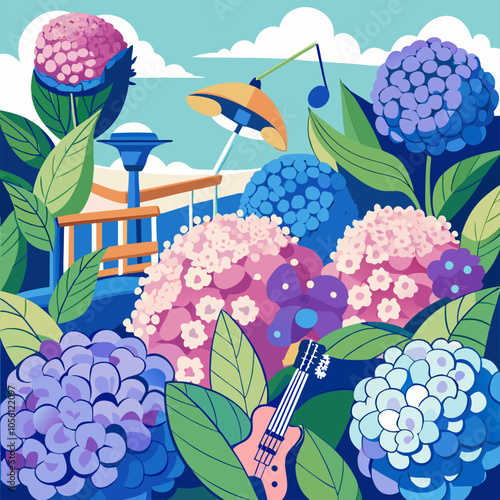 A vibrant illustration of a summery scene, featuring a guitar, hydrangeas in bloom, and a wooden balcony.