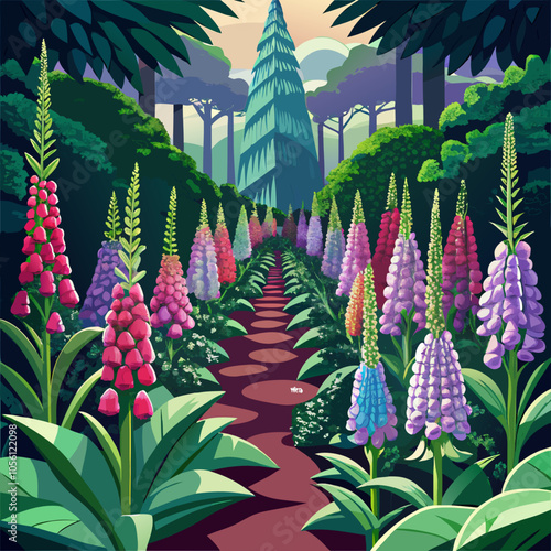 A whimsical digital illustration depicting a winding path lined with vibrant foxgloves leading toward a towering tree in a lush, verdant forest.