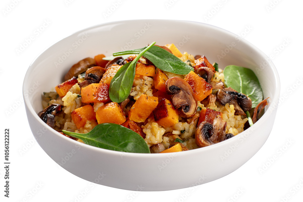 A vegan risotto with roasted pumpkin, mushrooms, and fresh spinach served in a white bowl on a light background A vegan risotto with roasted pumpkin, mushrooms, and fresh spinach served in a white bowl on a light background