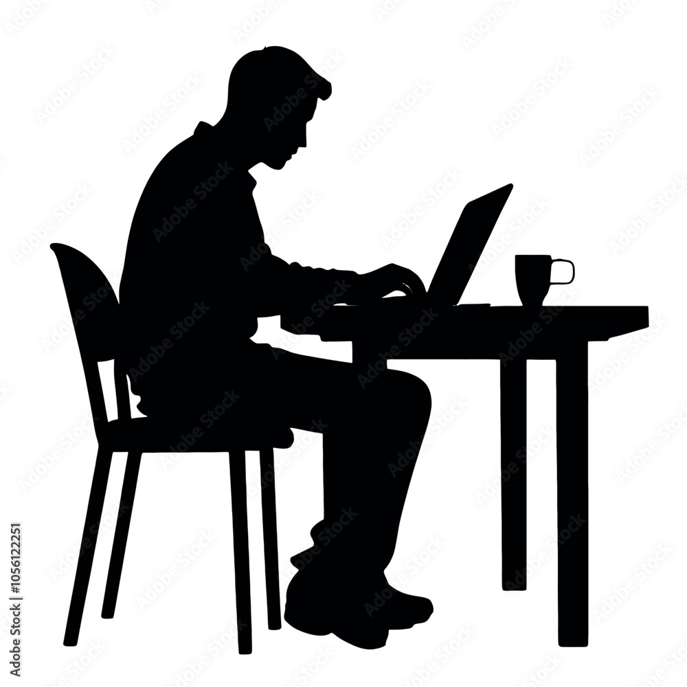 a man browsing laptop sitting on the chair in front of table, vector silhouette