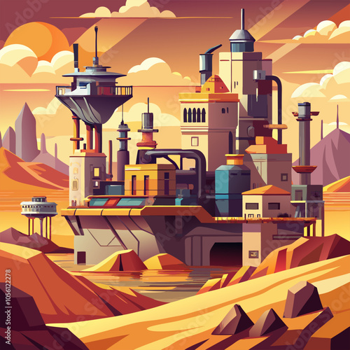 A futuristic cityscape in a desert landscape, featuring towering buildings, industrial structures, and a bright sunset.