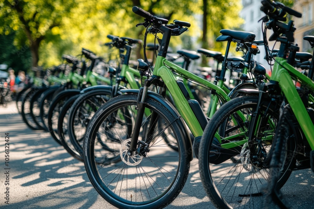 Eco friendly electric bicycles for rent in city center parking lot promoting sustainable transport Eco friendly electric bicycles for rent in city center parking lot promoting sustainable transport