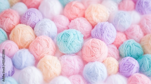 Colorful Pastel Yarn Balls Create a Vibrant, Artistic Display for Crafting and Design Projects in a Soft, Light-Filled Environment