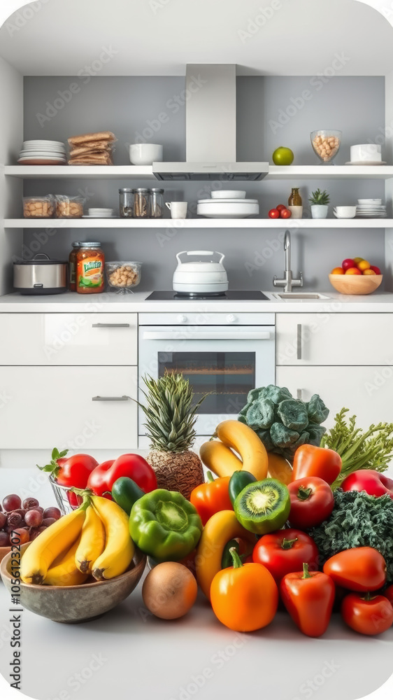 Moderne Küche mit frischen, bunten Lebensmitteln
Moderne Küche mit frischen, bunten Lebensmitteln