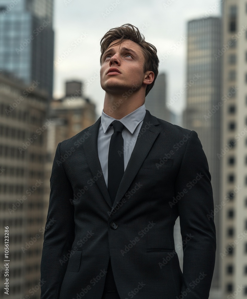 Businessman looking upward in a city skyline during overcast weather