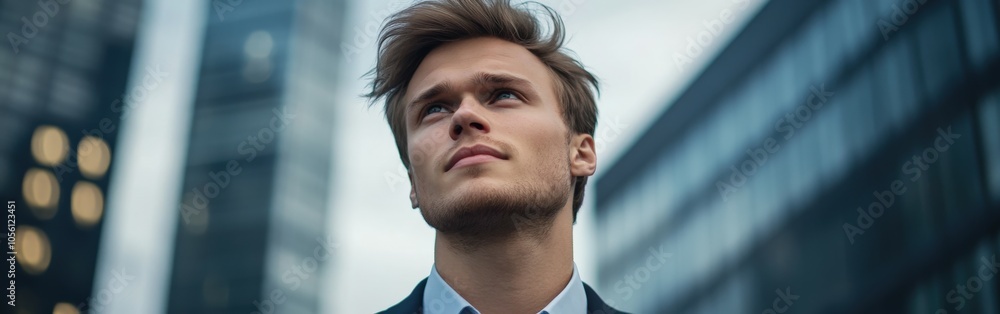 Fototapeta premium Young man gazing skyward in an urban setting during twilight