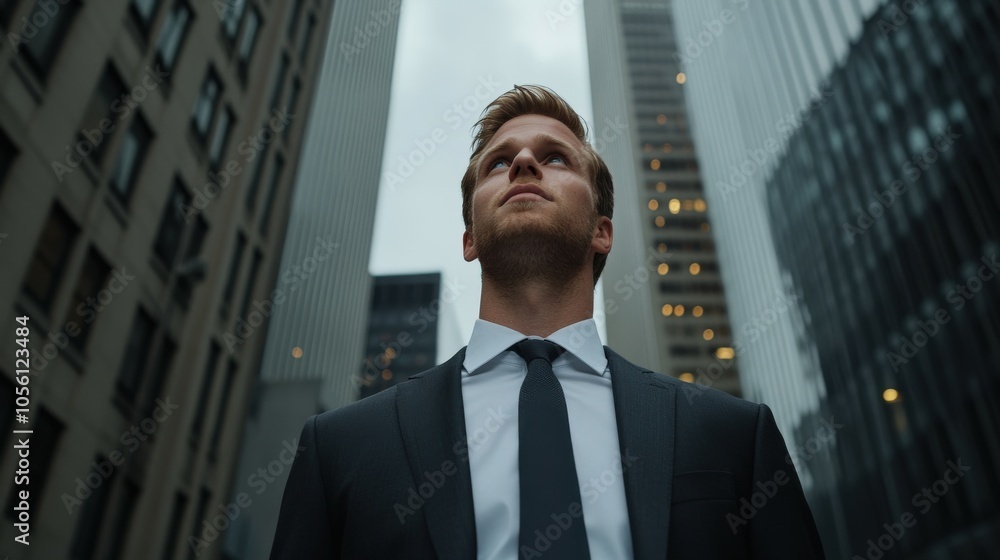 Businessman looking up at skyscrapers in an urban cityscape Businessman looking up at skyscrapers in an urban cityscape