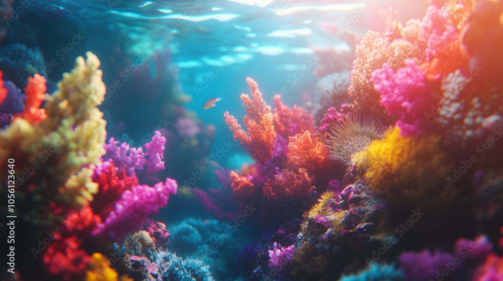 Fototapeta premium A Vibrant Underwater World Radiating Colorful Hues and Glowing Corals, Teeming with Diverse Marine Life