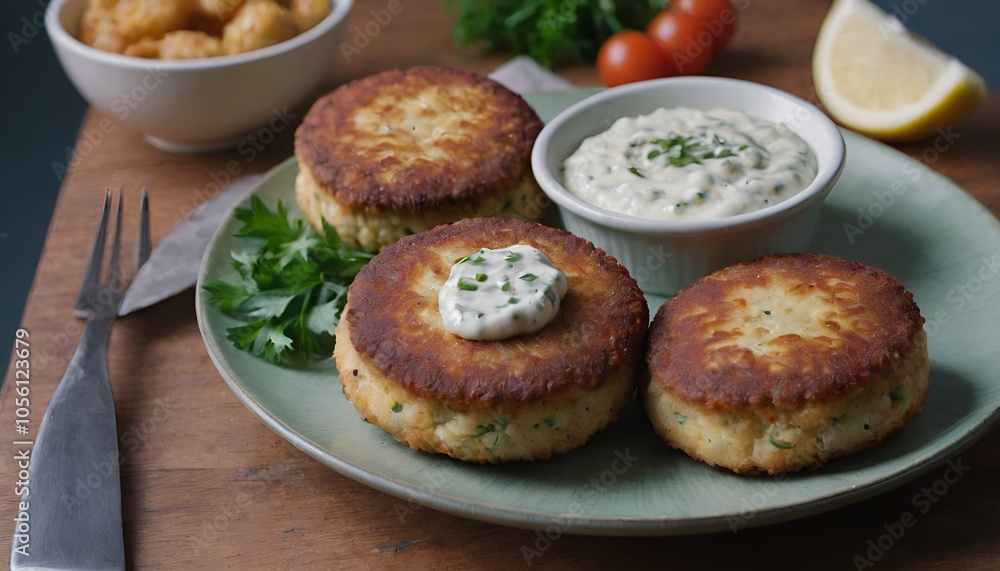 fish cakes on a plate with tartar sauce fish cakes on a plate with tartar sauce