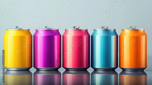 Row of five colorful aluminum beverage cans with plain surfaces, arranged in a line against a light gray background, reflecting on a smooth surface.